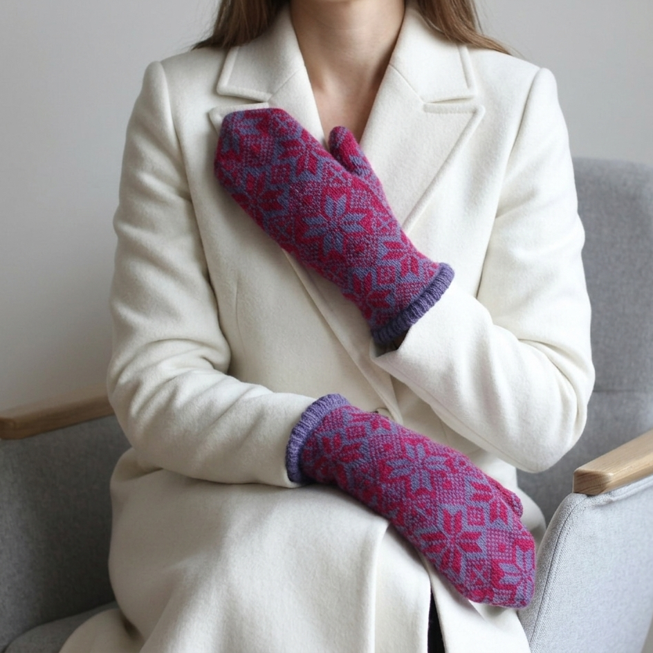 Person wearing a white coat and colorful mittens sitting on a chair.