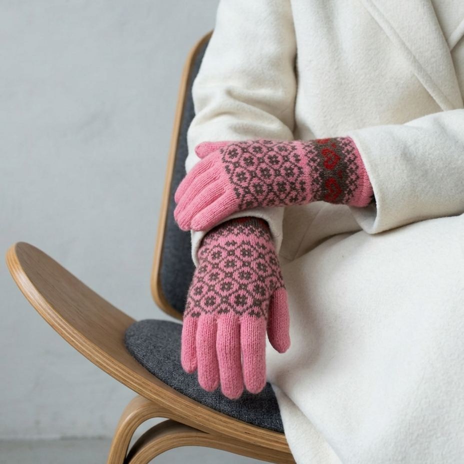 Person wearing pink patterned gloves sitting on a chair with a neutral background