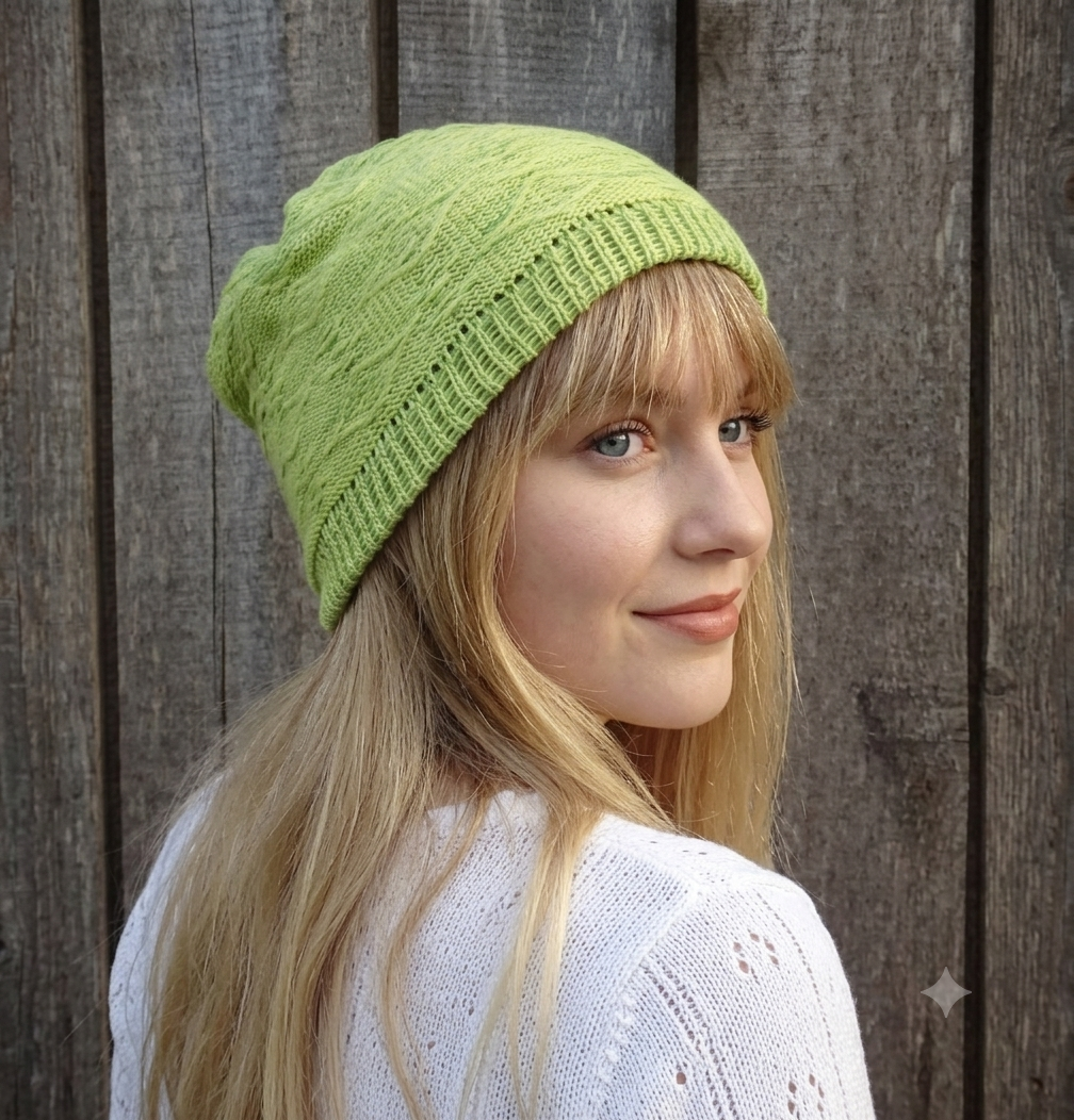 A woman with blonde hair wearing a light green cable-knit beanie hat, photographed from the back-three-quarter view against a rustic dark wood plank background.