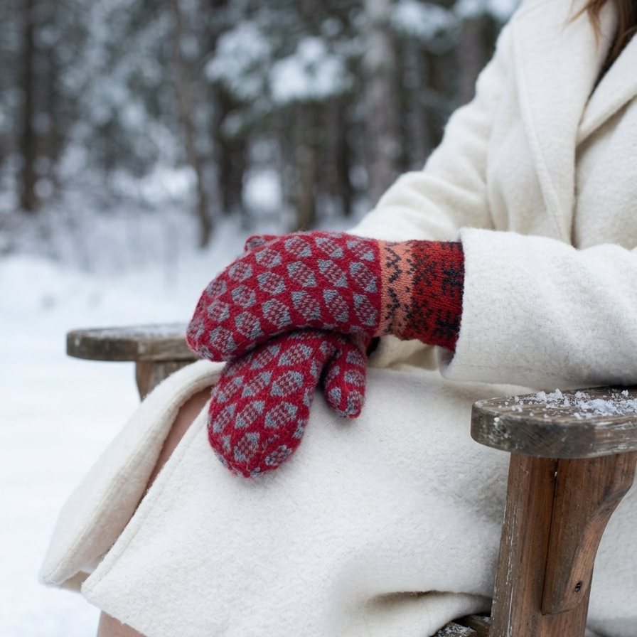 A person seated outdoors in a snowy setting wearing cream-colored clothing and red patterned knit winter mittens.