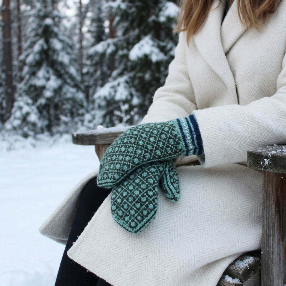 A person seated outdoors in a snowy setting wearing a cream coat and a green patterned knit mitten with a navy cuff.