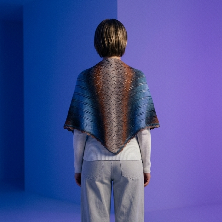 A person stands with their back to the camera wearing a draped, patterned shawl or poncho over a white long-sleeve top and light gray wide-leg trousers, set against a minimalist studio backdrop with blue and purple lighting.