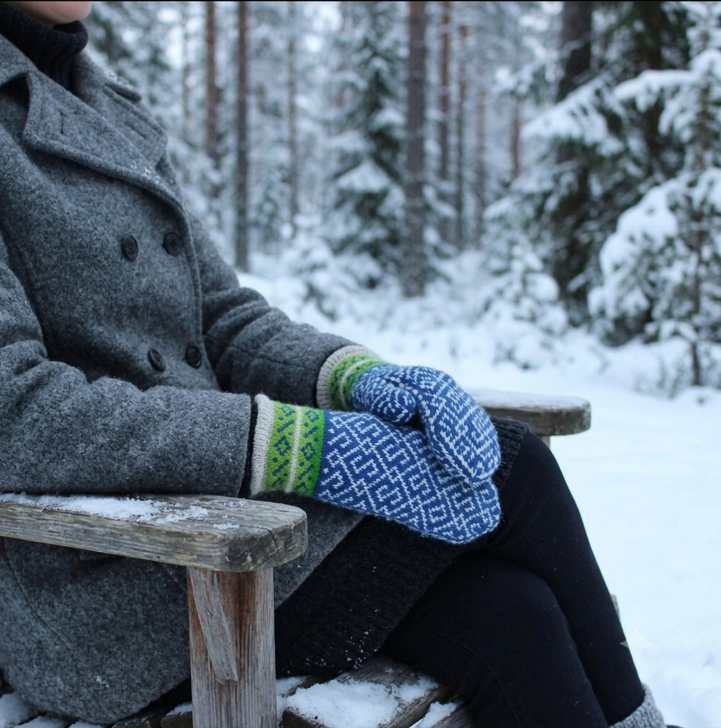 A person sitting on a wooden bench in a snowy outdoor setting, wearing blue knit winter mittens with green and cream patterns and a gray coat.