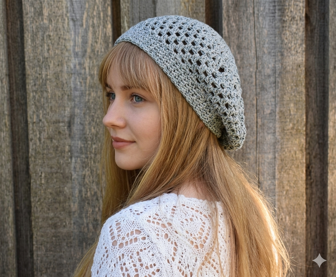 Woman wearing a gray crochet hat against a wooden background