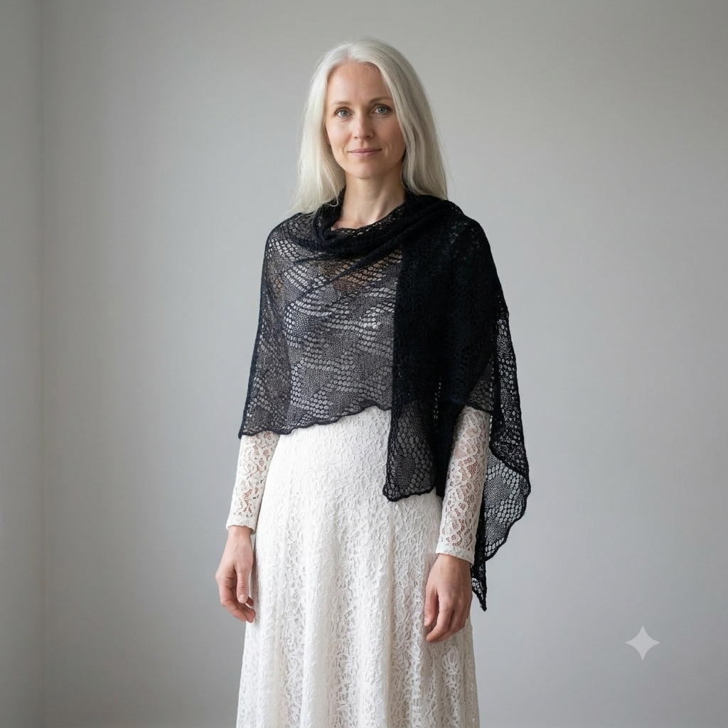 Woman wearing a black shawl over a white dress against a plain background