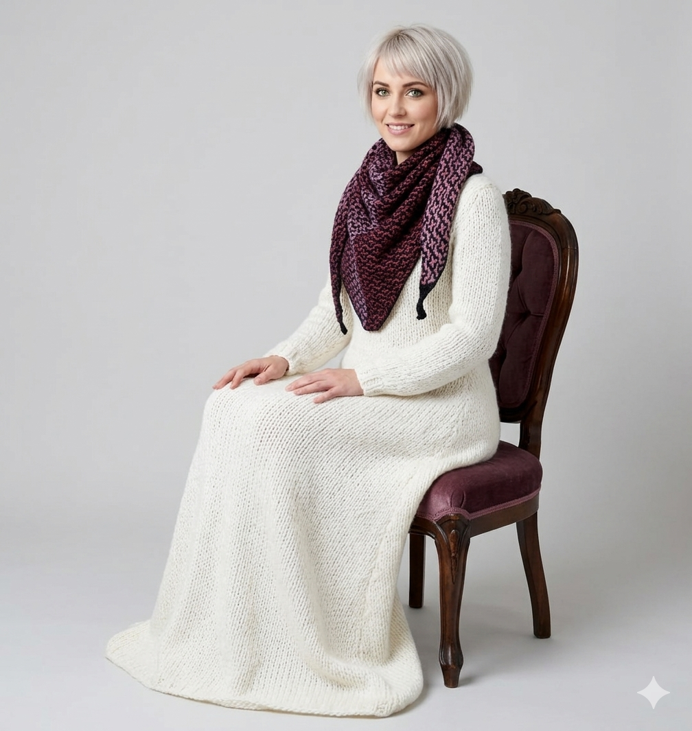Woman wearing a white dress and purple patterned shawl sitting on a chair against a plain background
