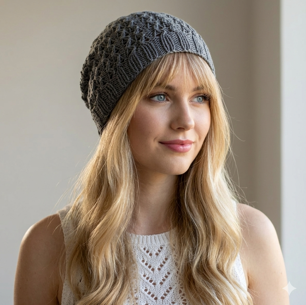 Woman wearing a gray knit beanie with a neutral background