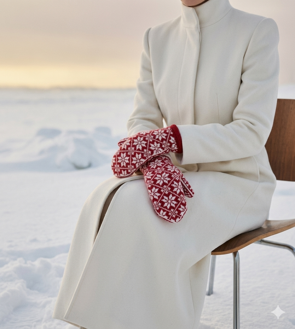 Person wearing a white coat and red patterned mittens sitting on a wooden bench in a snowy landscape.