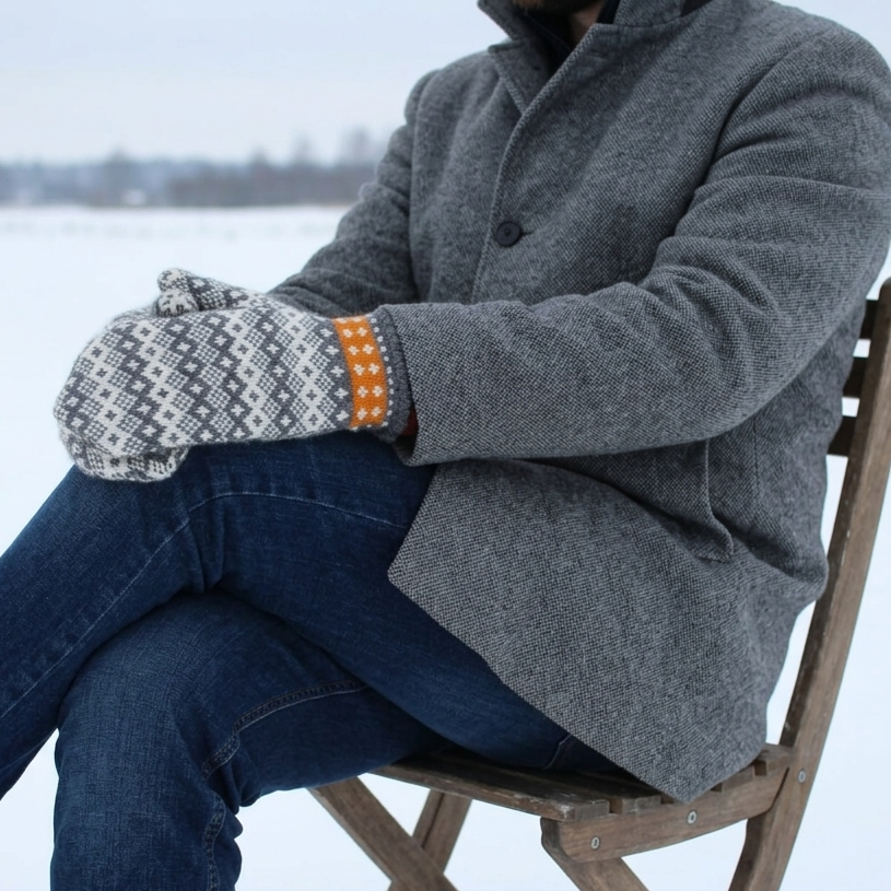 Person sitting on a chair in a snowy landscape wearing a gray coat and patterned mittens.