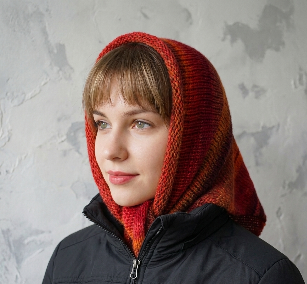 Woman wearing a red knitted head scarf against a gray textured wall