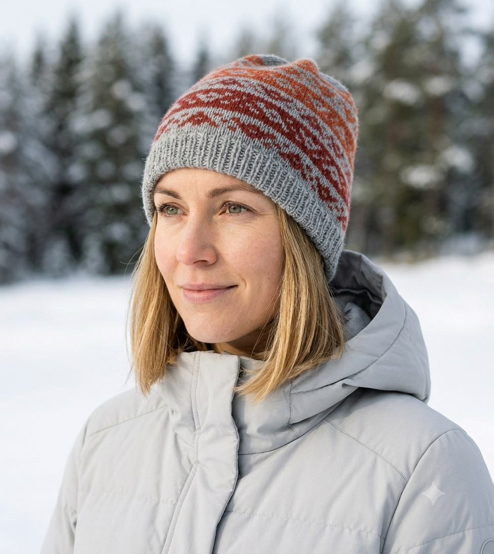 A woman wearing a gray knit beanie with rust-red and orange horizontal stripes, photographed outdoors in a snowy landscape with blurred evergreen trees in the background.