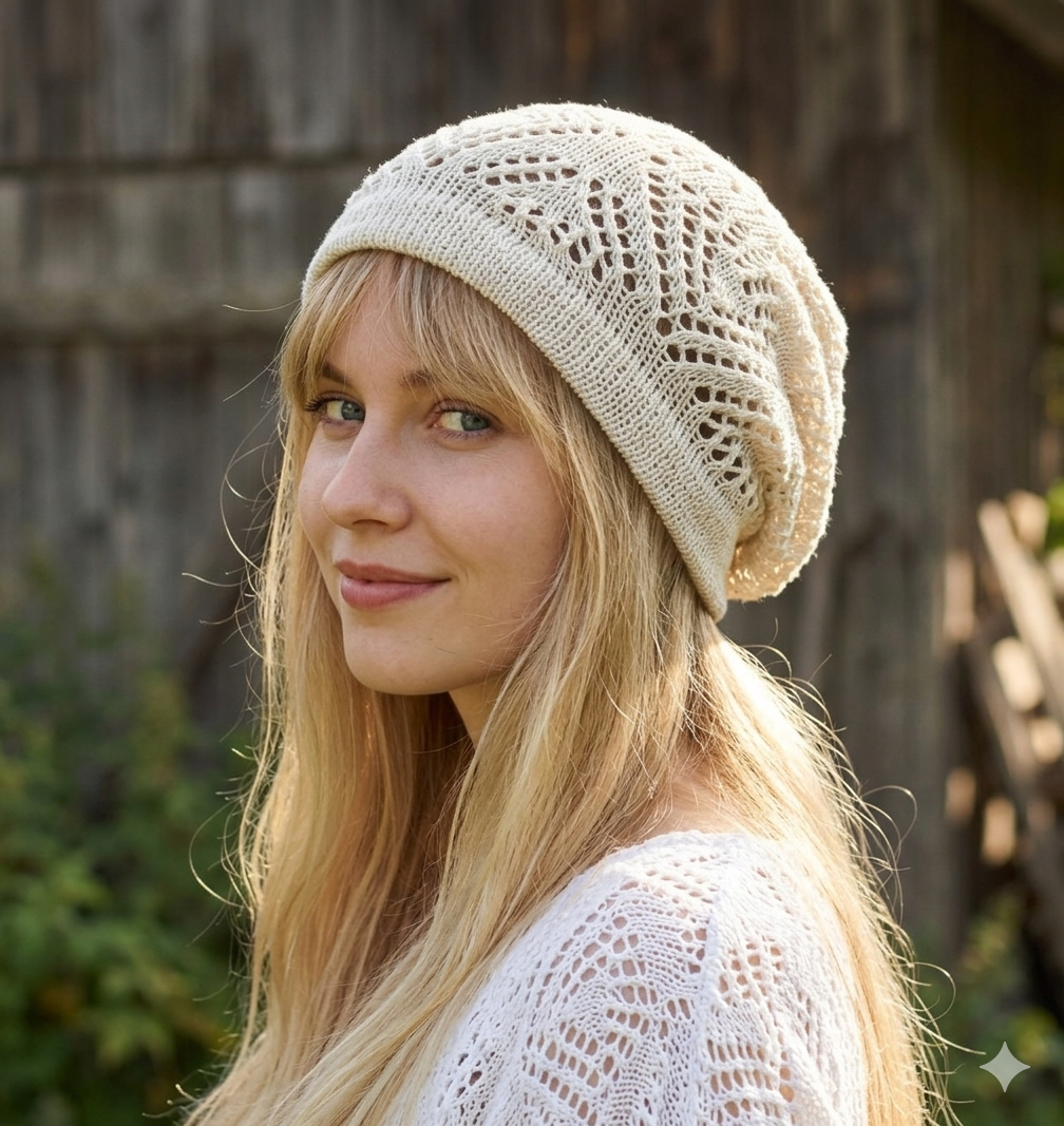 Woman wearing a beige knitted hat with a wooden background