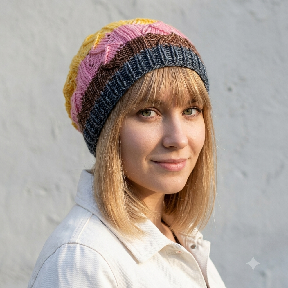 Woman wearing a colorful striped beanie against a plain background