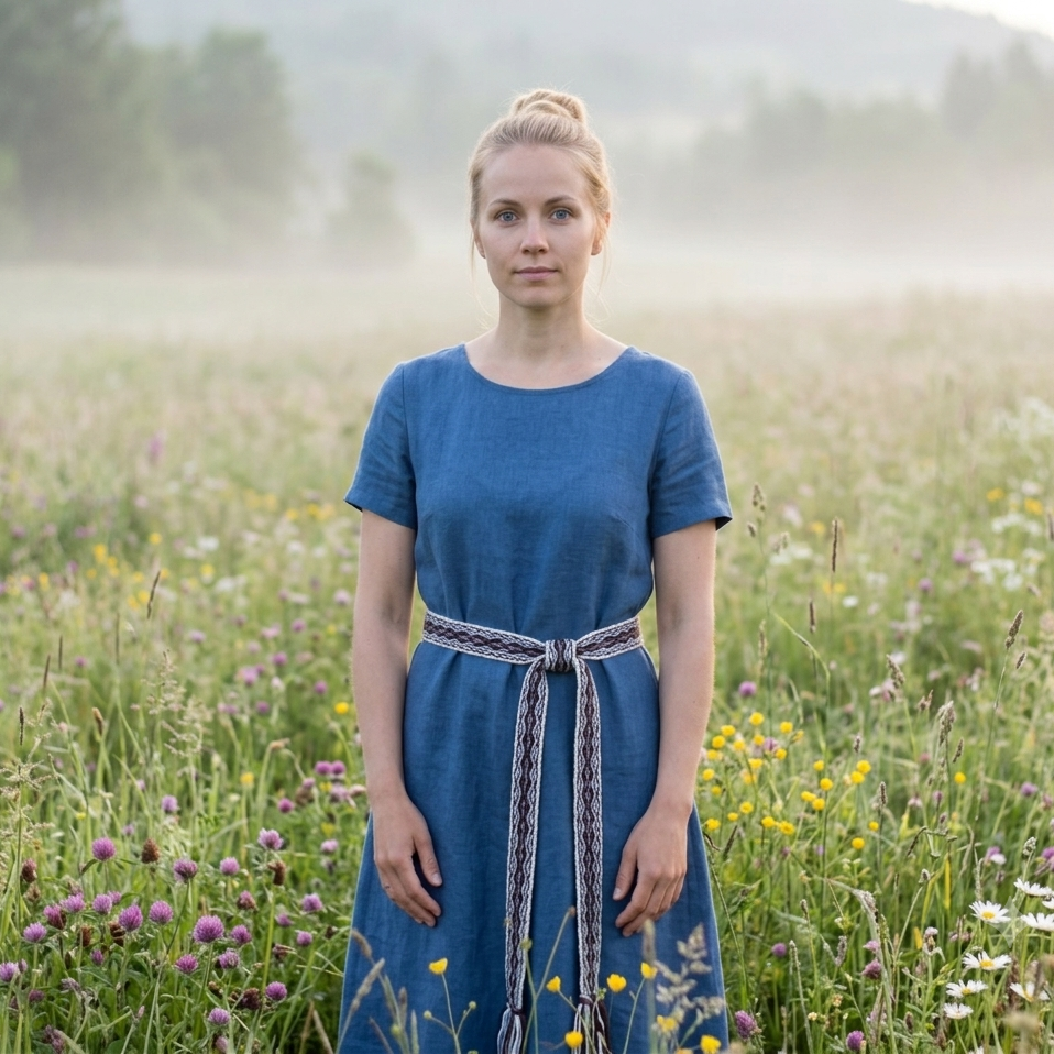 A woman stands in a misty wildflower field wearing a blue linen dress with a patterned waist belt.