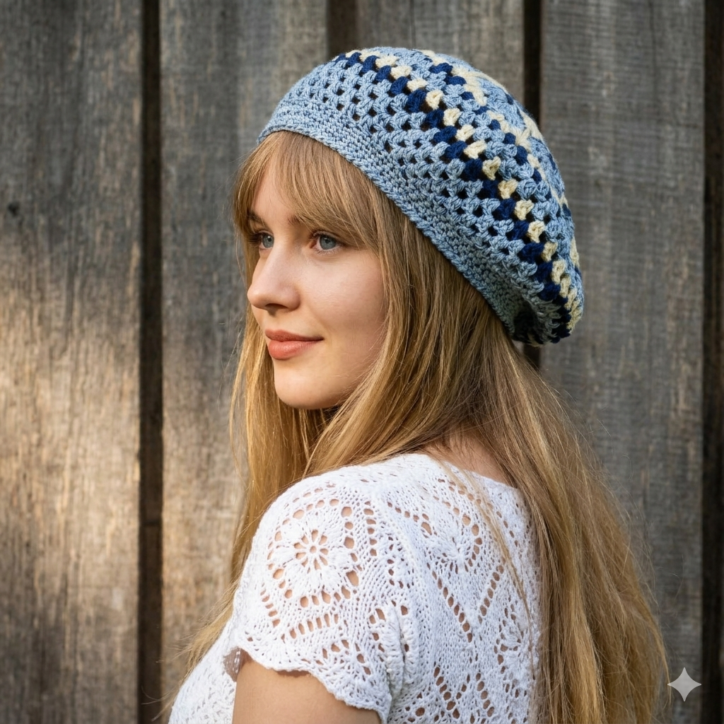 Woman wearing a blue and white patterned crochet hat against a wooden background