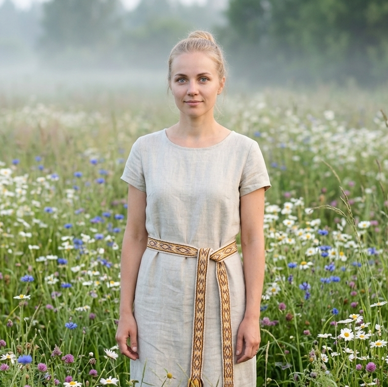 A woman stands in a misty wildflower meadow wearing a light beige linen dress with a decorative tan and brown patterned belt.