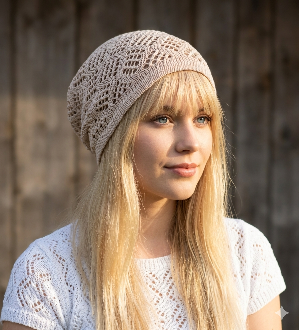 Woman wearing a beige knitted beanie against a wooden background