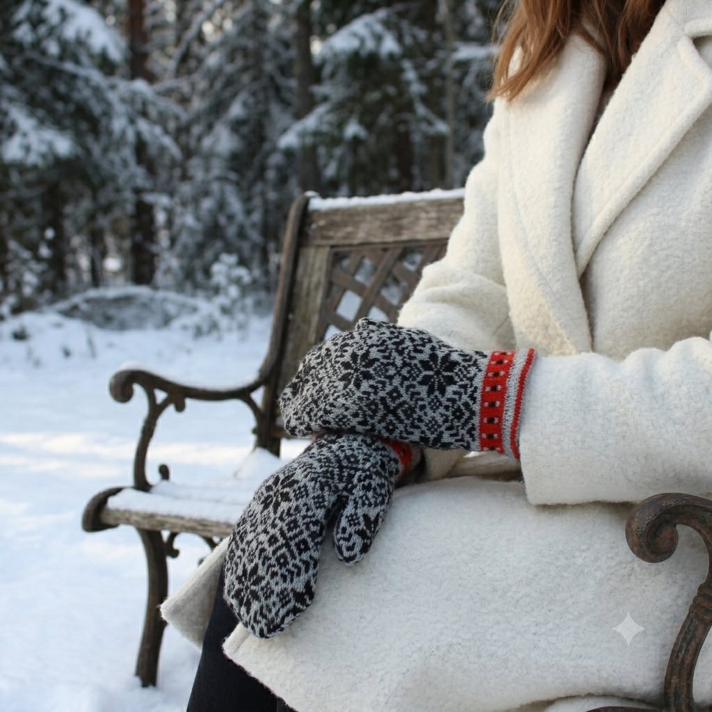 A person sitting on a snowy bench wearing black and white patterned knit winter gloves with red trim, in an outdoor winter park setting.