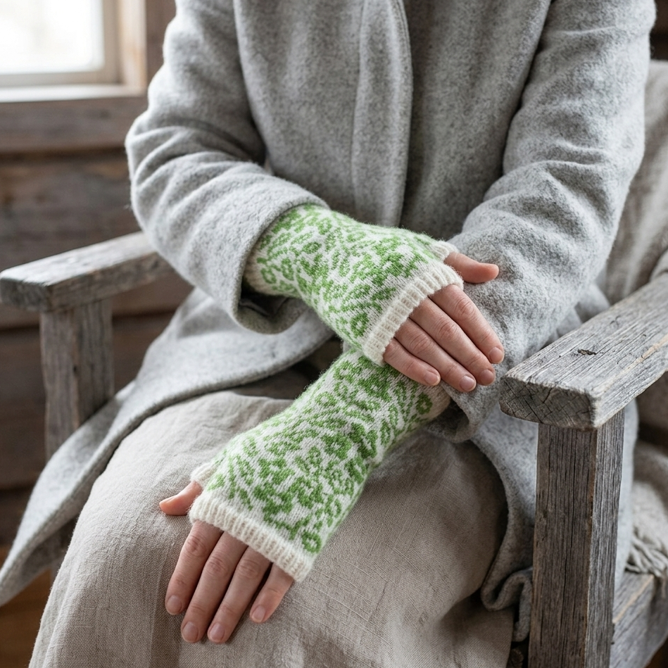 Person wearing green and white patterned fingerless gloves sitting on a wooden chair.