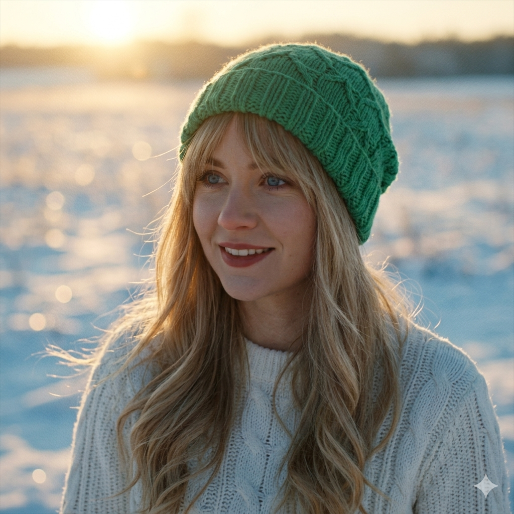 Woman wearing a green knit hat and white sweater standing in a snowy landscape.