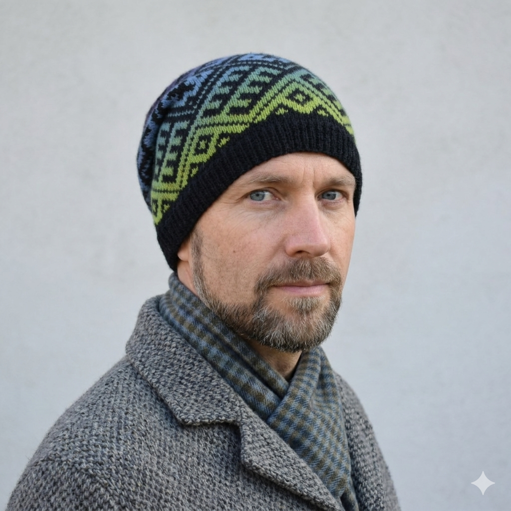 Man wearing a patterned knit hat and gray coat against a plain background
