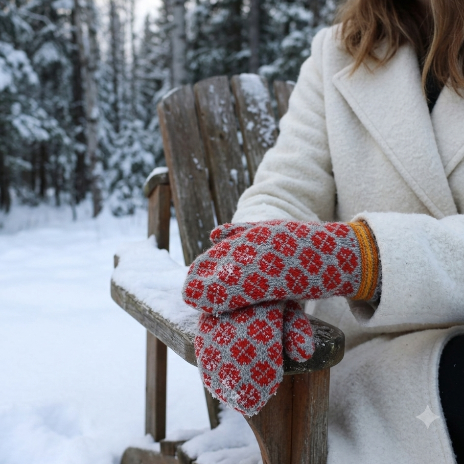 A person sitting on a snow-covered wooden chair in a snowy forest, wearing knit winter gloves with a red and gray geometric pattern and a yellow cuff.