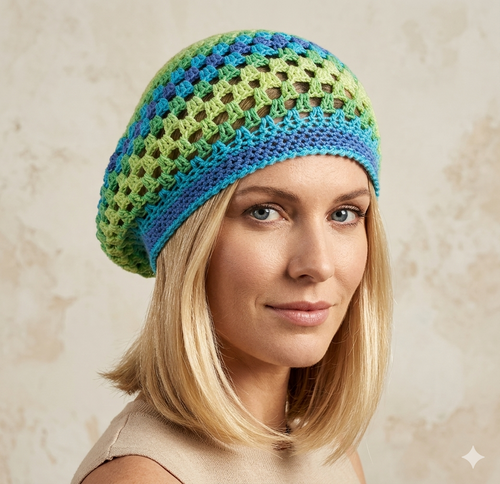 Woman wearing a colorful crocheted beanie against a neutral background