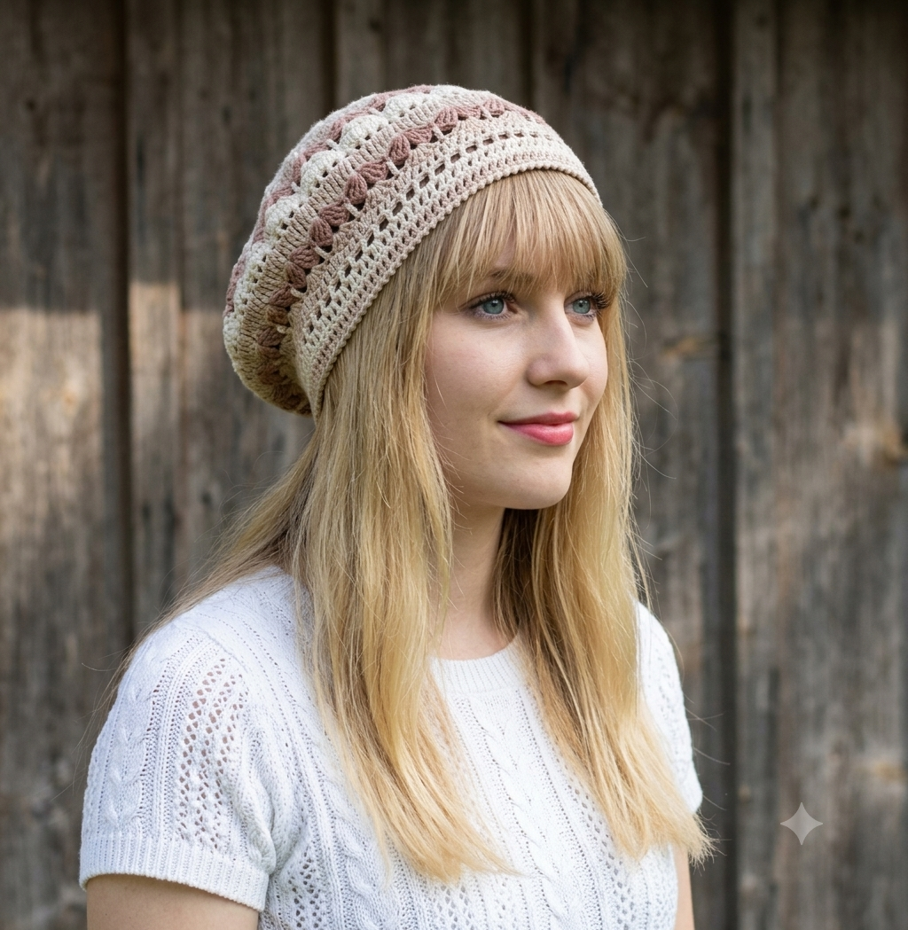 Woman wearing a beige knitted beanie against a wooden background