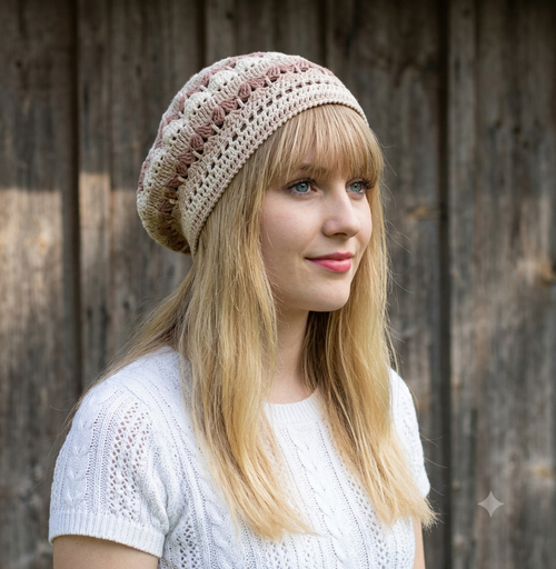 Woman wearing a beige knitted beanie against a wooden background