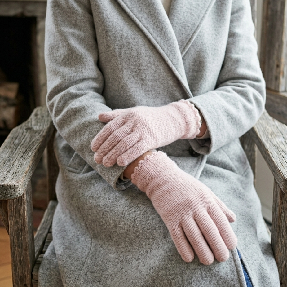 Person wearing a gray coat and pink gloves sitting on a wooden chair.