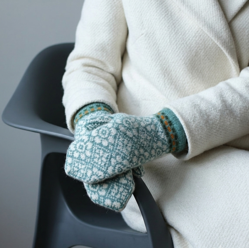 person wearing knit wool Latvian mittens.