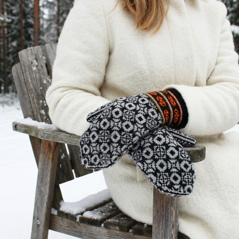A person in a white coat sitting on a wooden chair in a snowy outdoor setting, wearing black knit mittens with a white geometric pattern and orange and black striped cuffs.