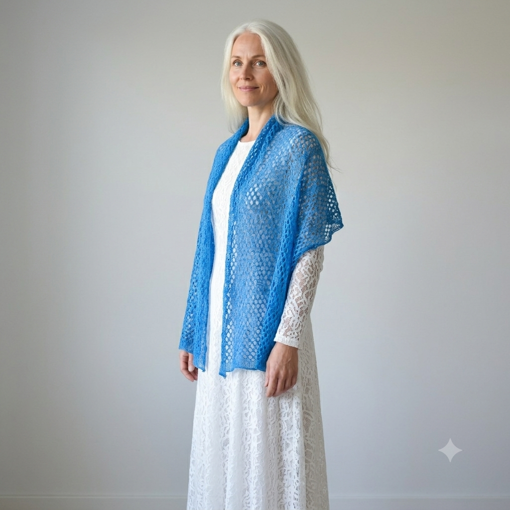 Woman wearing a blue shawl over a white dress against a plain background
