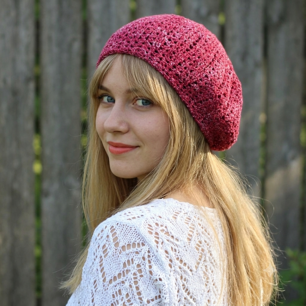 Woman wearing a pink knitted hat and white lace top against a wooden fence.