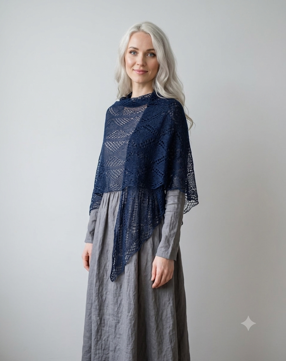 Woman wearing a blue lace shawl over a gray dress against a plain background