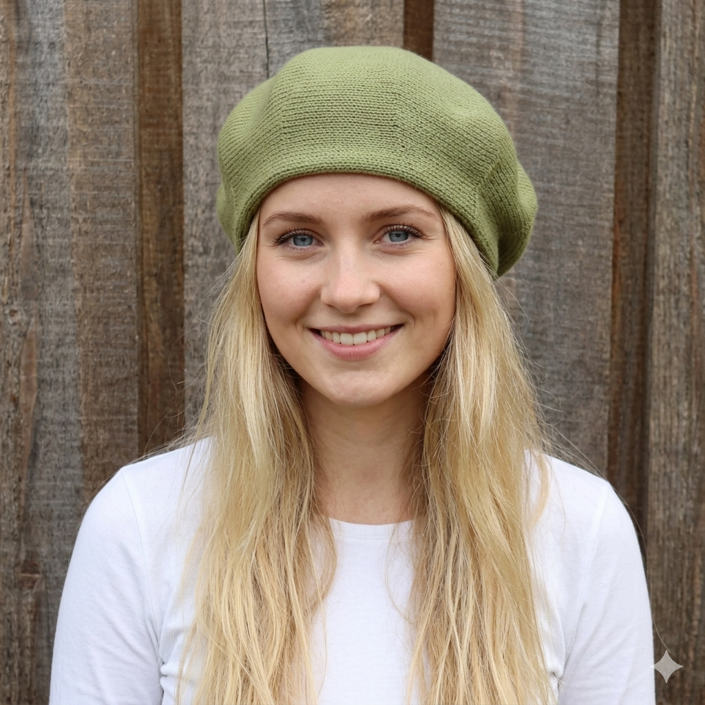 Woman wearing a green beret against a wooden background