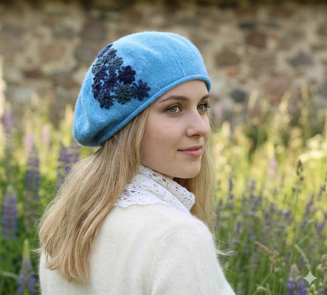 Woman wearing a blue knitted hat with floral patterns in a field of flowers.