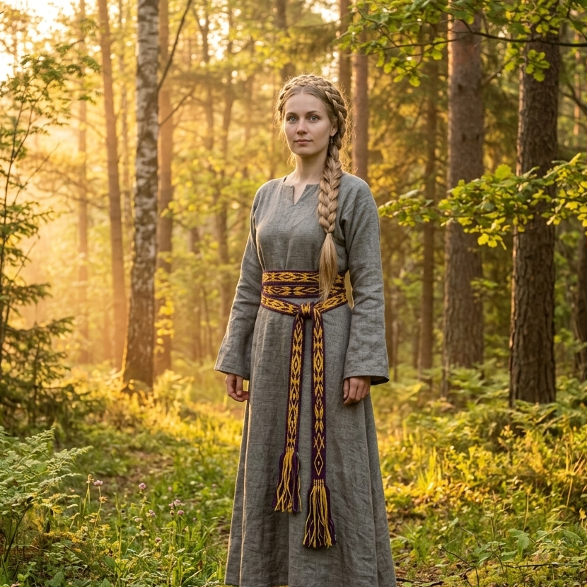 A woman stands in a sunlit forest wearing a long gray medieval-style dress with a patterned brown and gold belt and braided hair.