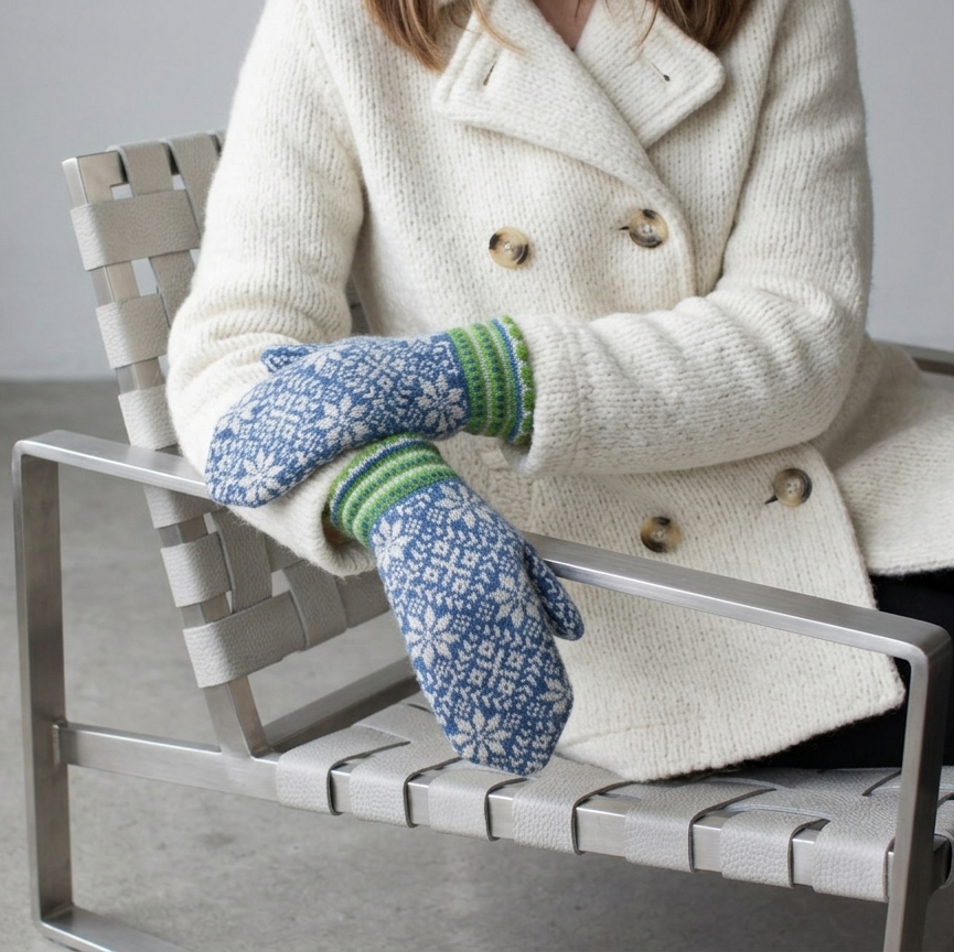 Person wearing a white coat and blue patterned gloves sitting on a chair.