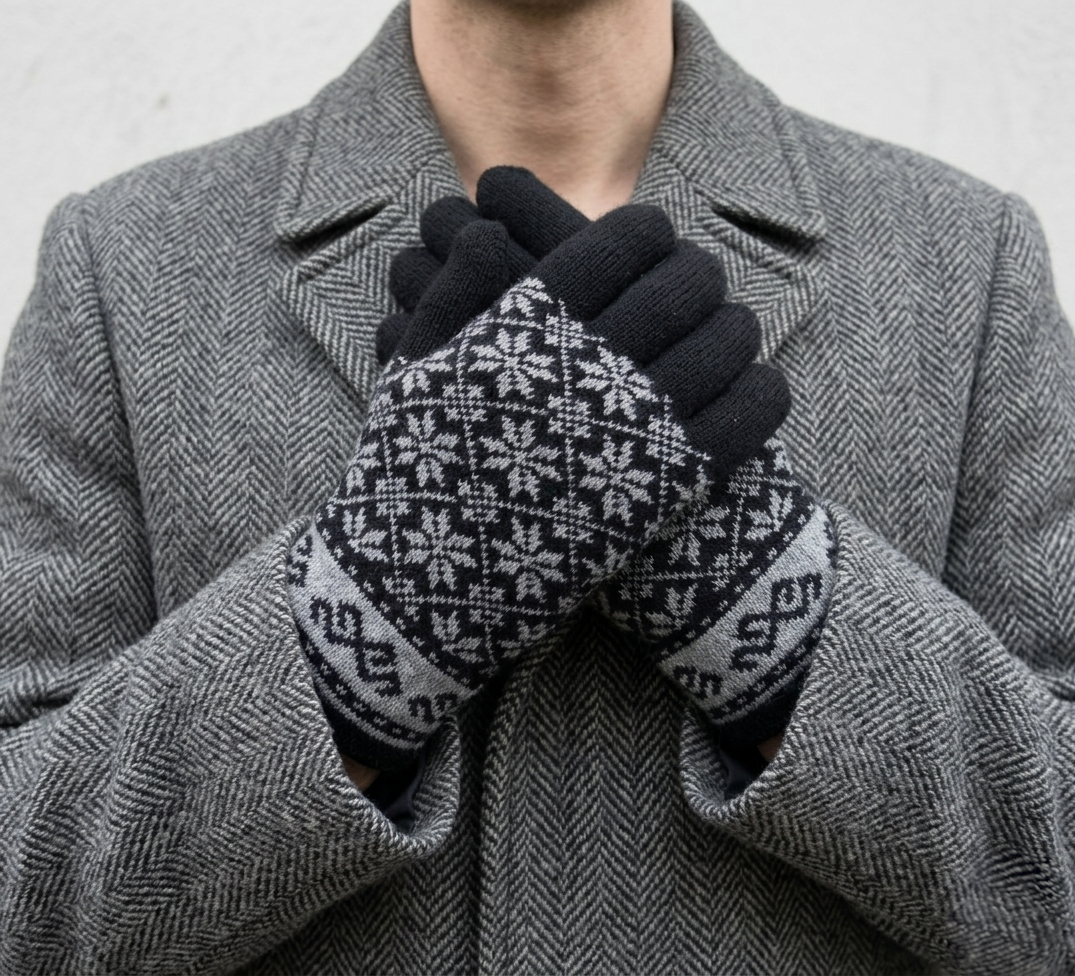 Person wearing a gray coat and patterned gloves with a white background