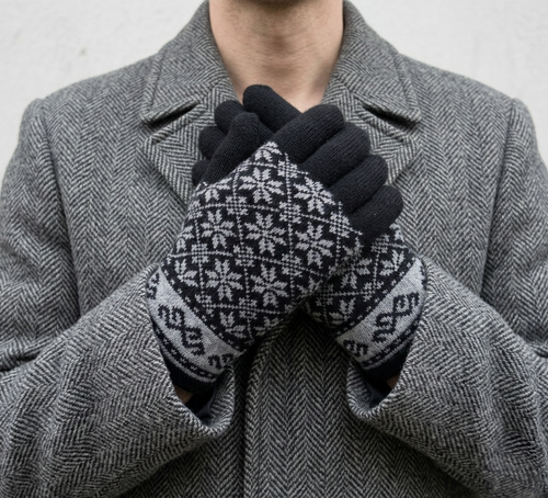 Person wearing a gray coat and patterned gloves with a white background