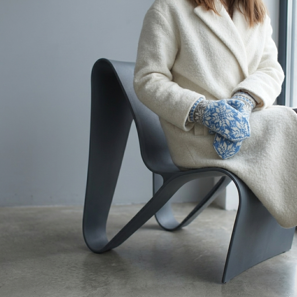 Person sitting on a modern gray chair wearing a white coat and blue patterned gloves.
