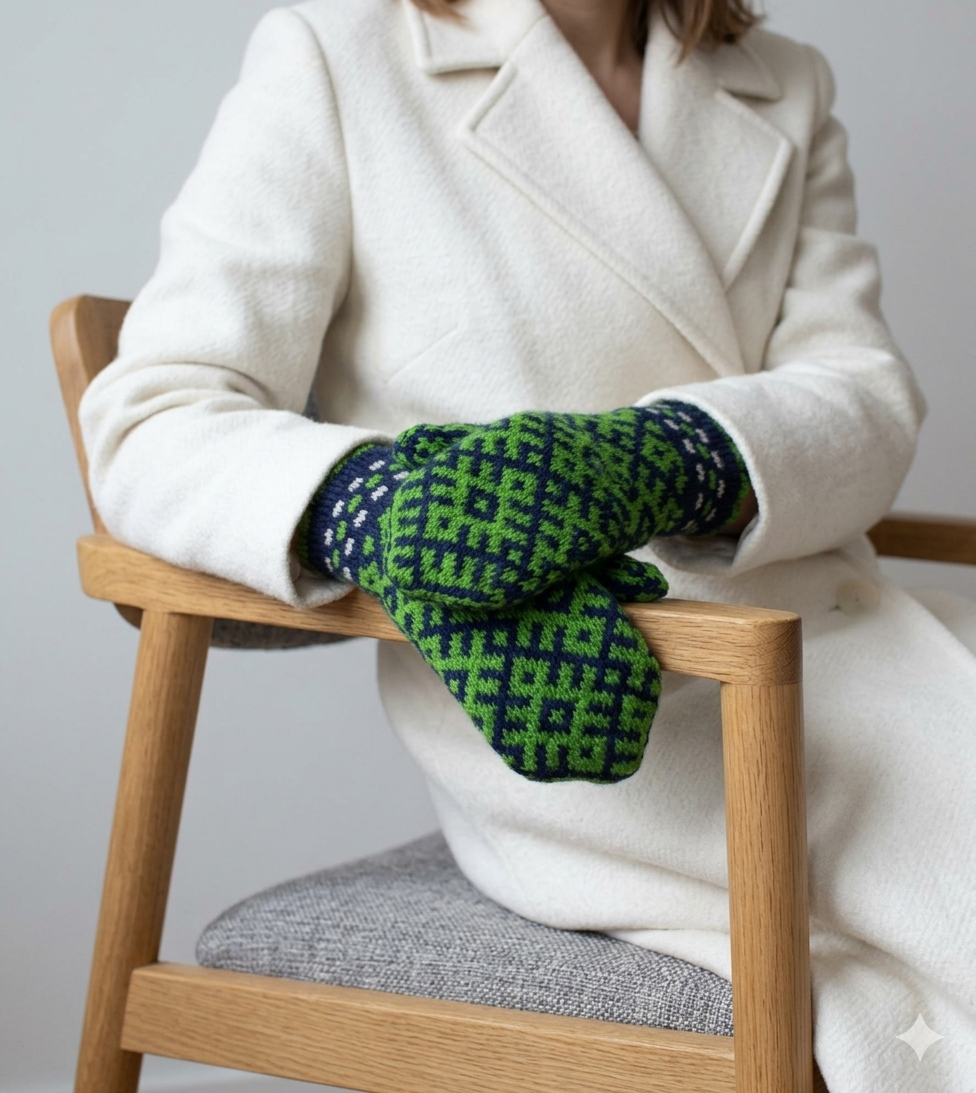 Person wearing green and blue patterned mittens sitting on a wooden chair.