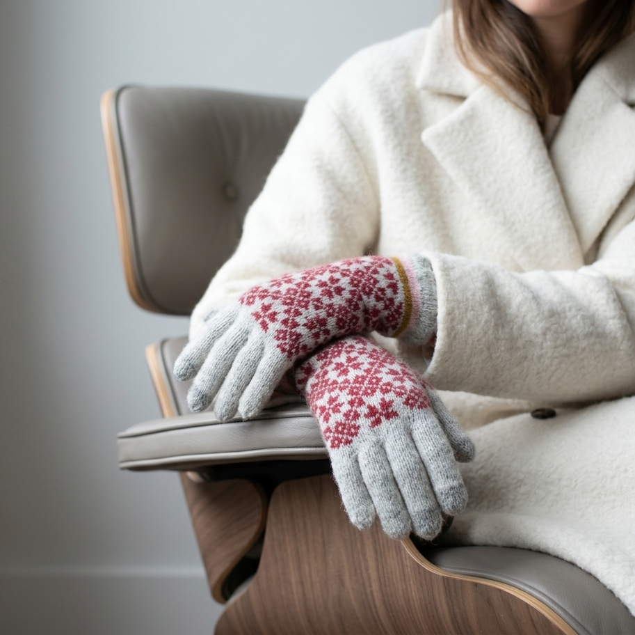 Person wearing a cream coat and patterned gloves sitting on a chair.