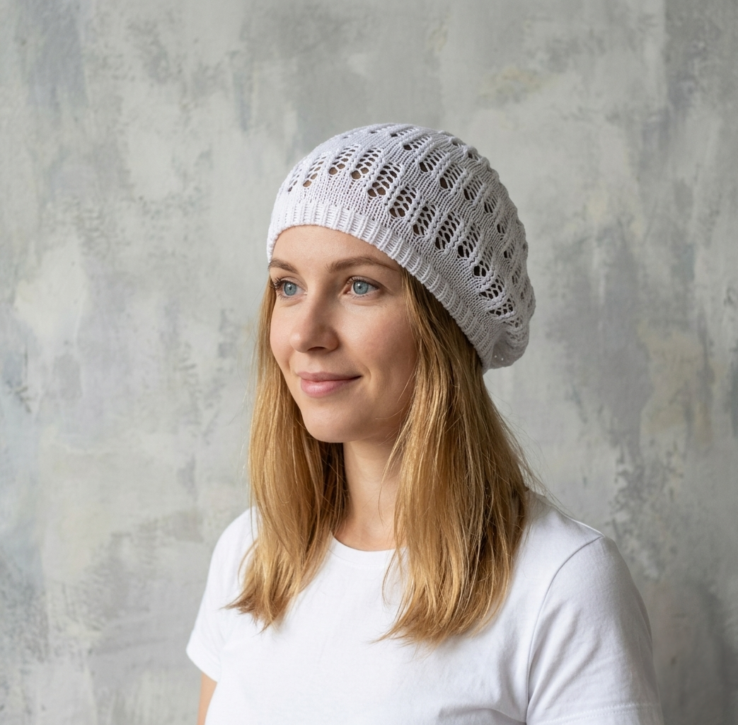 Woman wearing a white knit beanie against a textured gray background