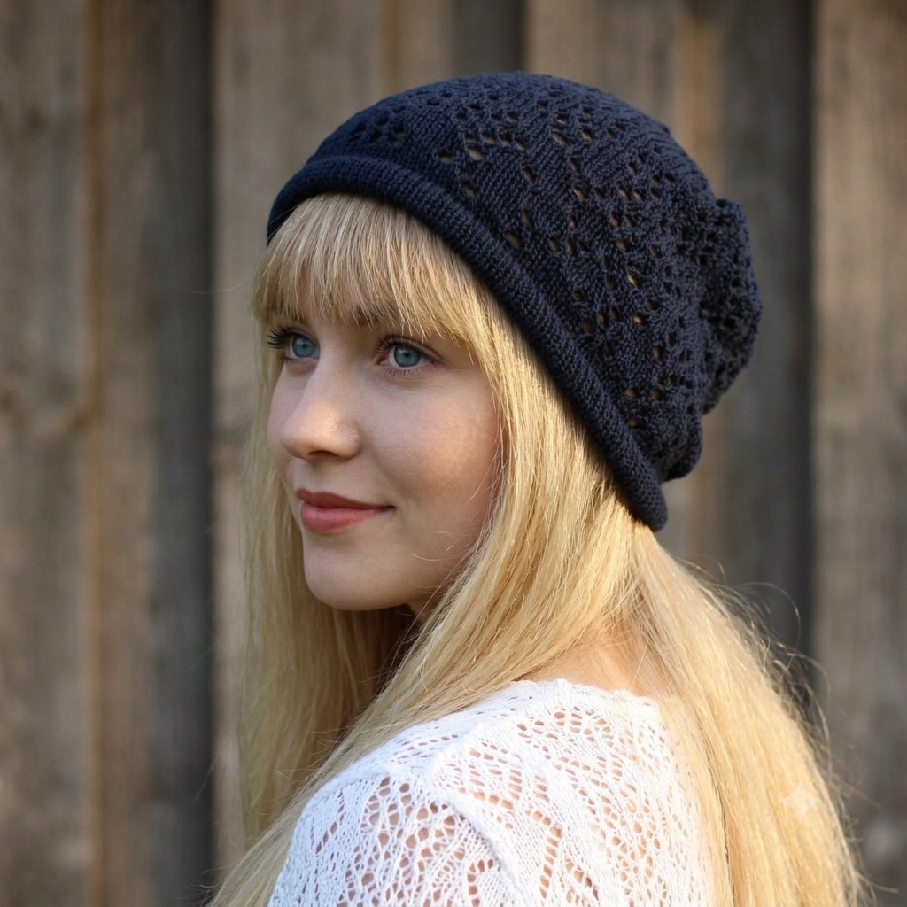 Woman wearing a dark blue knitted beanie with a blurred wooden background
