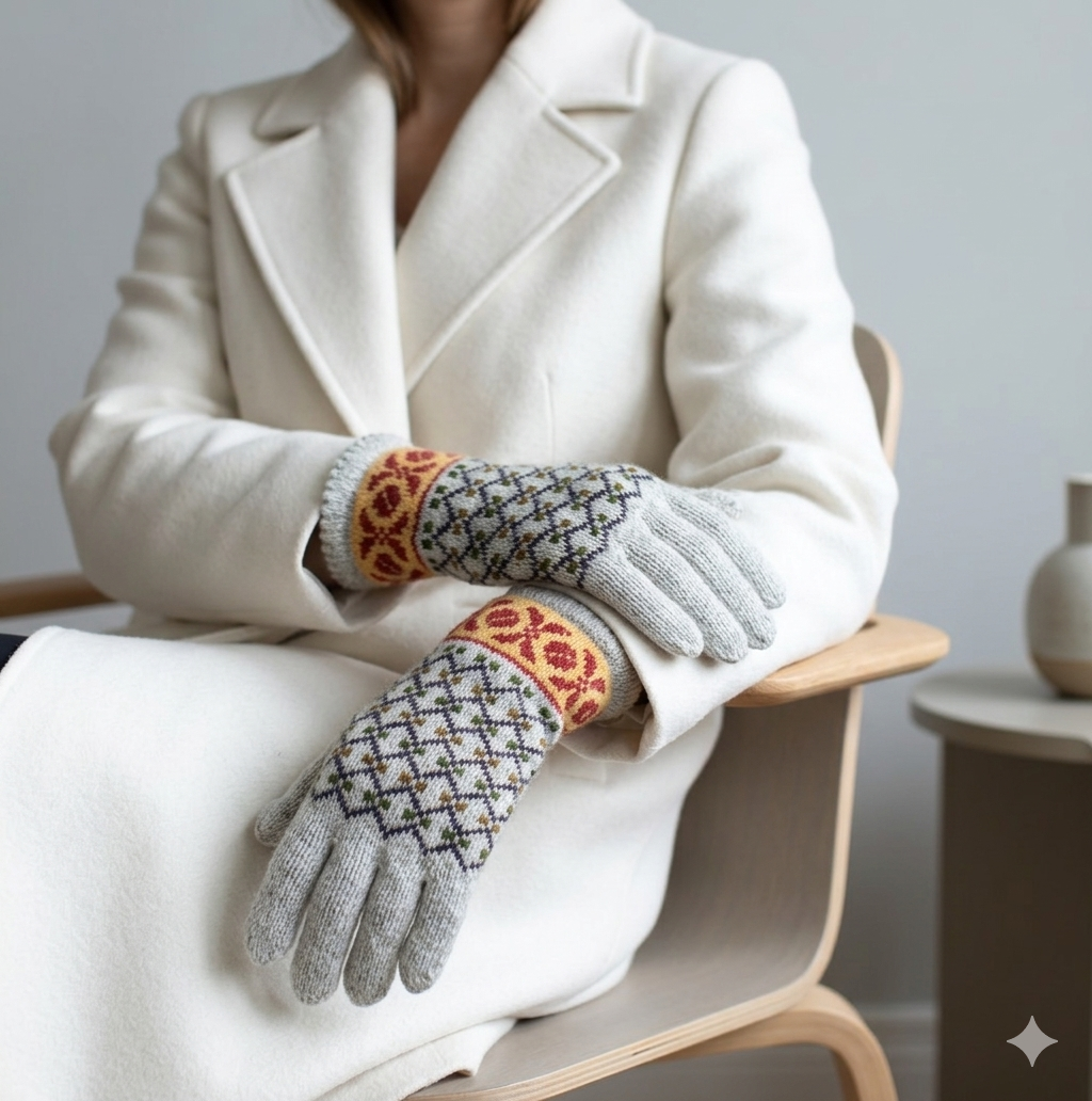 Person wearing patterned gloves and a white coat sitting on a chair.