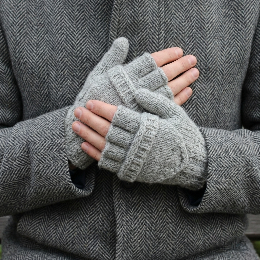 Person wearing gray fingerless gloves with a textured pattern, held close to the body.