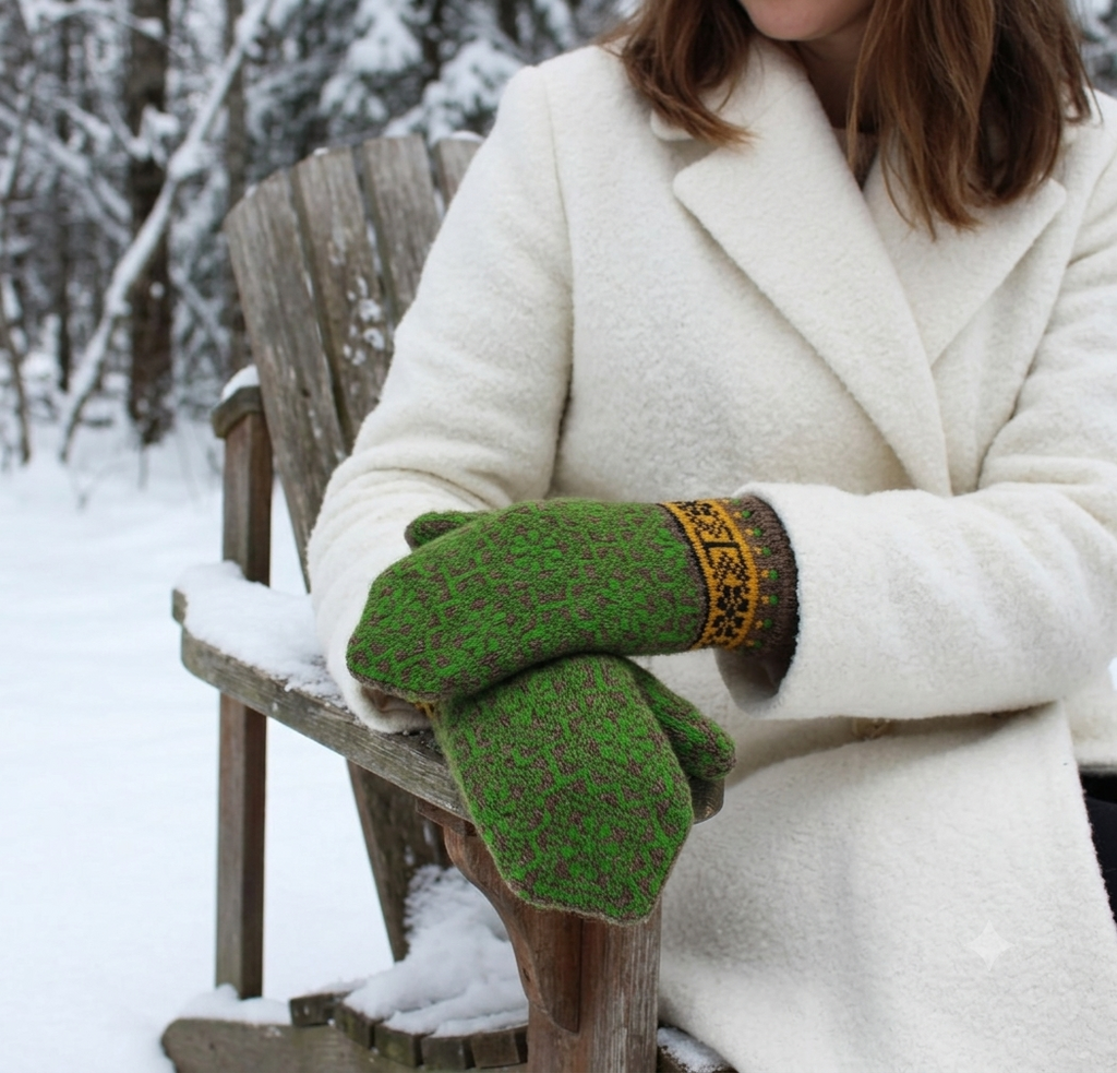 A person in a white coat sits on a wooden chair in a snowy outdoor setting, wearing green knit winter mittens with a yellow patterned cuff.