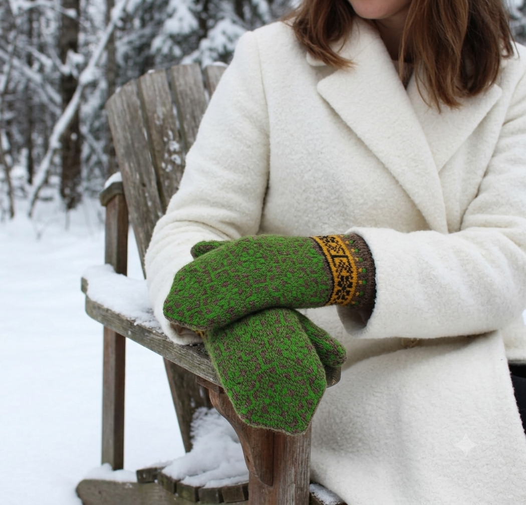 A person in a white coat sits on a wooden chair in a snowy outdoor setting, wearing green knit winter mittens with a yellow patterned cuff.